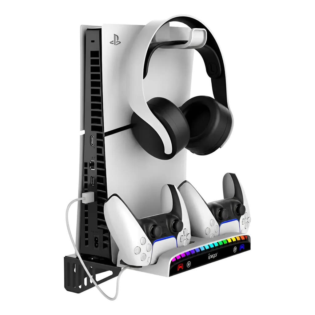 Suporte De Parede Carregamento Cooler Vertical Para Ps5 Slim Com Luz Led Rgb E Suporte Para Headset
