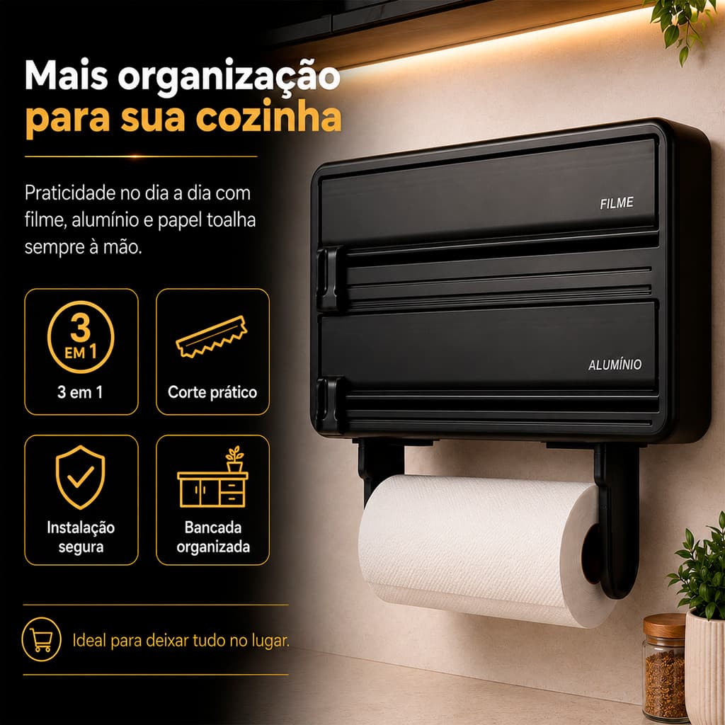 Porta Papel Toalha 3 Em 1 Aluminio Filme Plastico Suporte Parede Preto Cozinha Com Cortador Rolo PVC