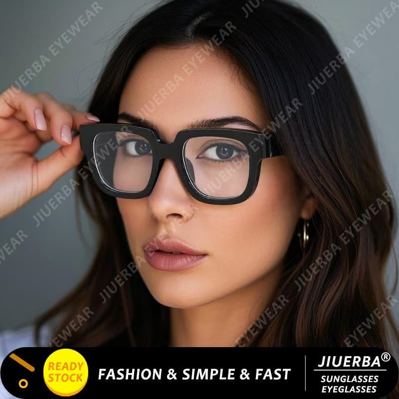 (JIUERBA) Nova Armação Grande Moda Anti Luz Azul Óculos Retro Preto Quadro Feminino