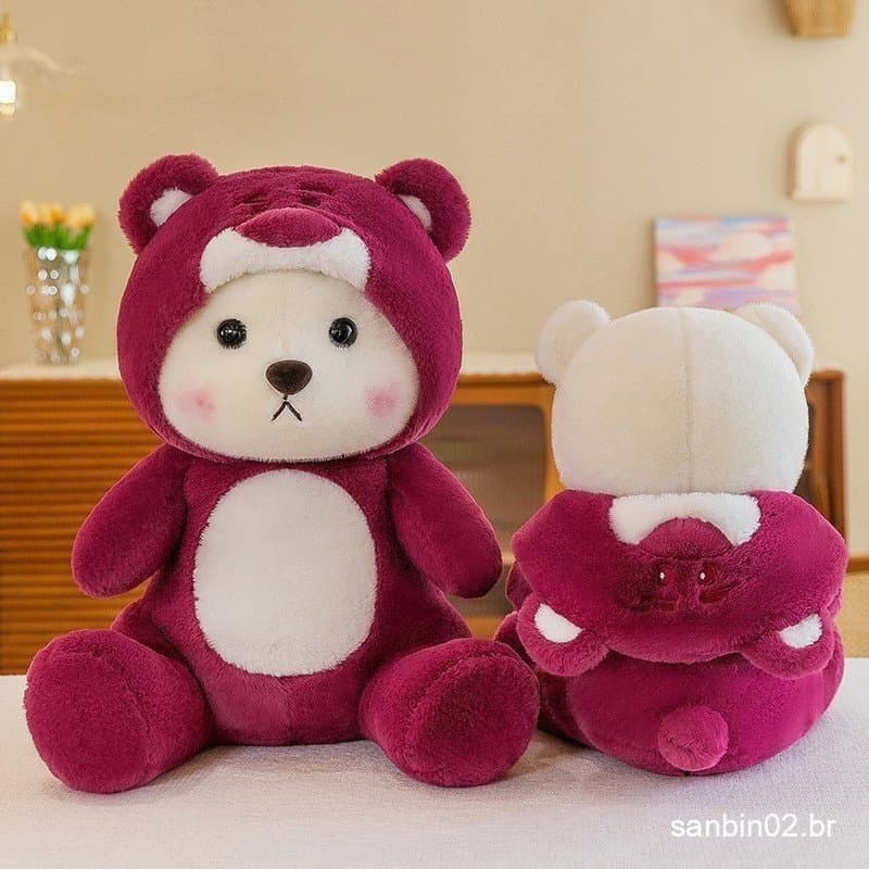 Urso de Lena, Urso de Morango, Urso de Pelúcia com Capuz, Brinquedo de Pelúcia de Chapéu de Transformação