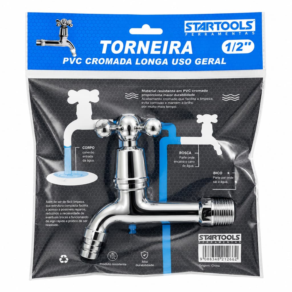 Torneira Cromada PVC Ideal para Áreas Externas Jardim Cozinha Lavanderia 1/2"