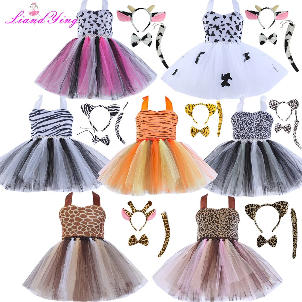 Animal World Crianças Vaca Tigre Vestido Traje de Desempenho com Fivela de Cabeça Gravata Borboleta Cauda Conjunto Saia