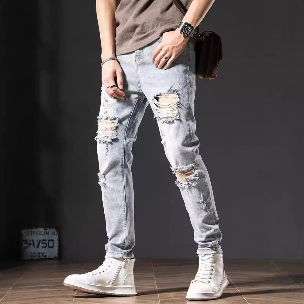 Beggar grande rasgado Jeans de cor clara versão coreana masculina na moda magro-ajuste magro motocicleta azul claro#乞丐大破