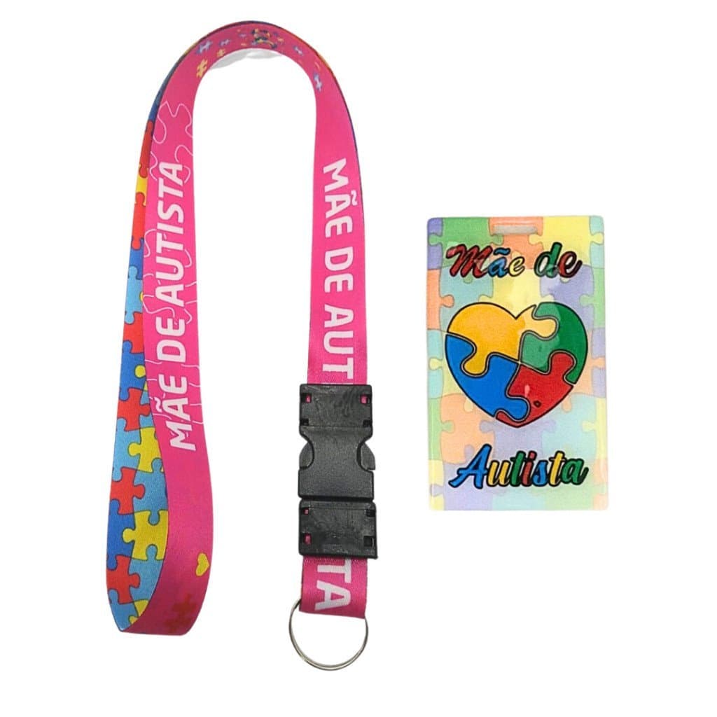 Kit Cordão Pescoço Fecho Engate Rápido Mãe de Autista + Porta Cartão Crachá resinado