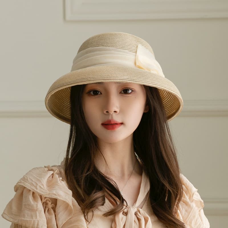 Primavera verão Hepburn Organza arco chapéu de palha feminino chapéu de praia francês Retro grande borda balde chapéu do