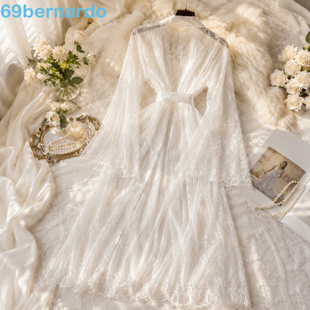 Vestido Transparente BERNARDO , Roupões De Renda Longa Ultrafinos Vazados , Camisola De Manga Comprida , Robe De Noiva