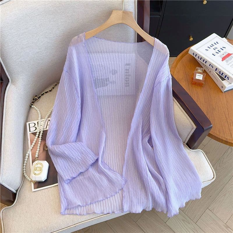 Chiffon plissado protetor solar Cardigan feminino verão novo estilo solto estilo preguiçoso camisa de ar condicionado Su