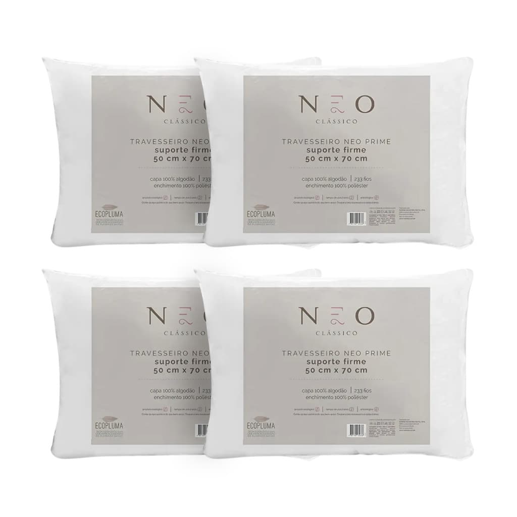 Kit 4 Travesseiros Neo Prime 233 Fios Macio Suporte Firme 50x70cm Sortido Camesa