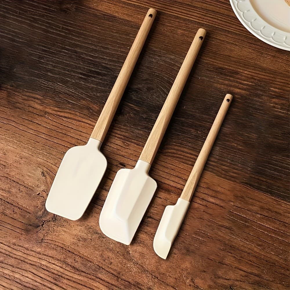 Conjunto de espátula de Silicone com cabo de madeira Conjunto de 3 peças - Espátula antiaderente de qualidade alimentar,