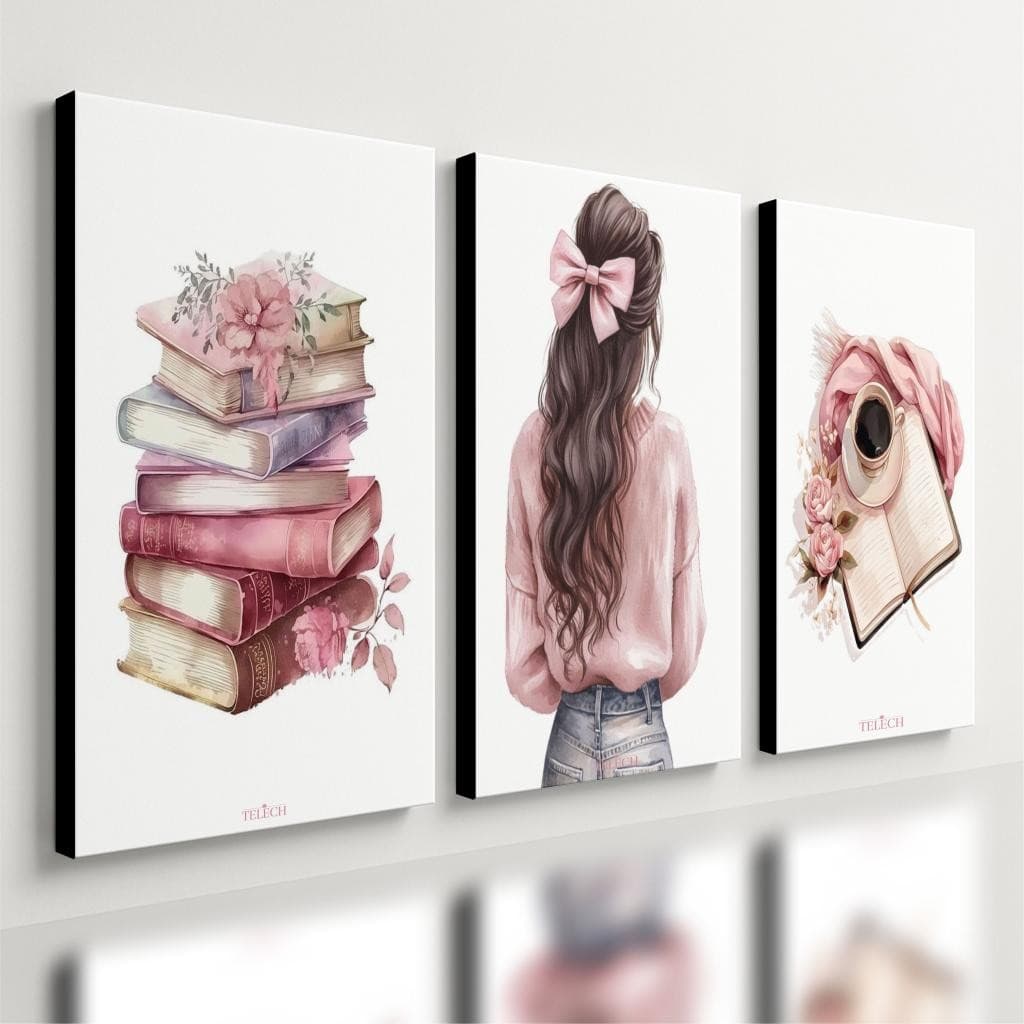 Kit 3 Quadro Decorativo Menina Jovem Estudos Rosa Quarto