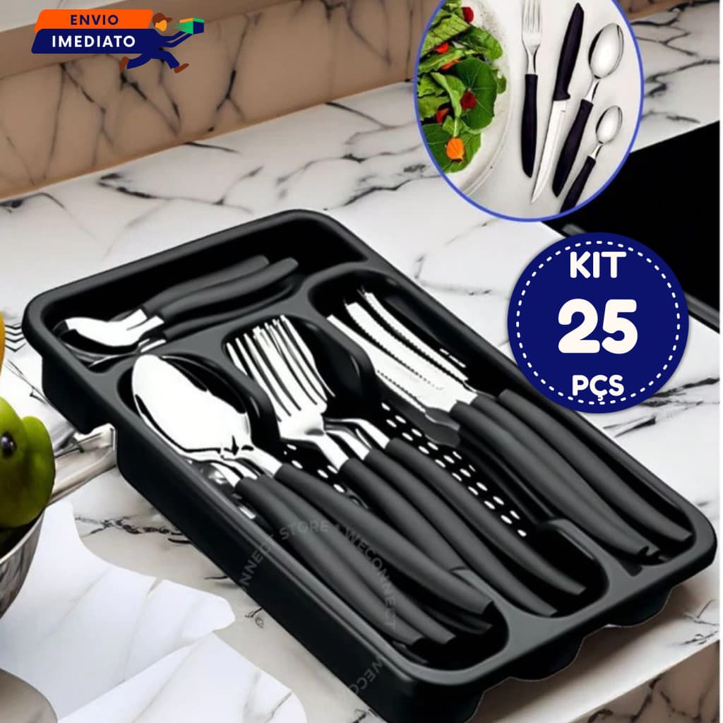 Talheres Inox com cabo plástico Vermelho ou Preto com 24 Peças + Suporte Gaveteiro para Cozinha Buffet e Restaurante