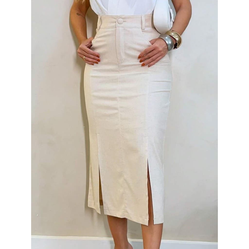 Lulurunmoda - Saia Midi Elegante em Linho com Detalhe C/Forro-S901