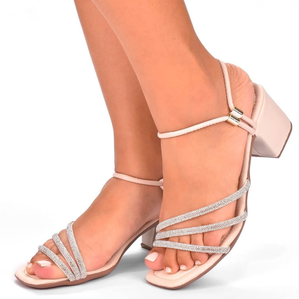 Sandália Casual Salto Grosso 5CM Tiras De Strass Brilho Fivela Feminino Moda