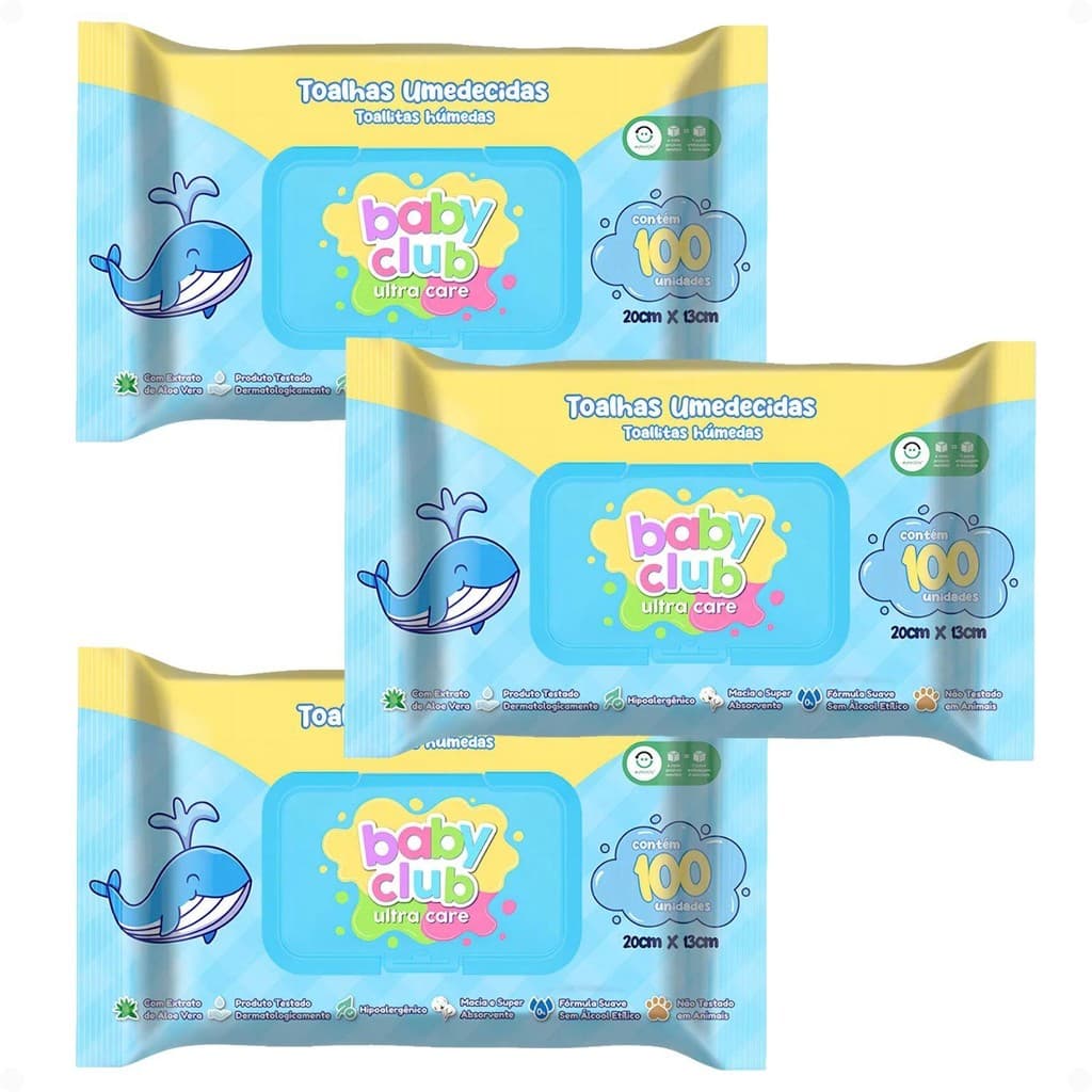 Kit Baby Club Ultra Care: 3 Pacotes Toalhas Umedecidas Baby 20x13cm Com 100Un