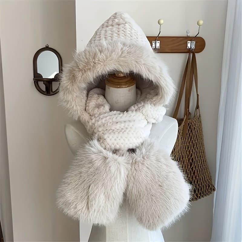 Conjunto Elegante de Inverno para Mulheres: Gorro de Tricô com Pelo Sintético, Cachecol e Luvas - Poliéster Espesso, Sem