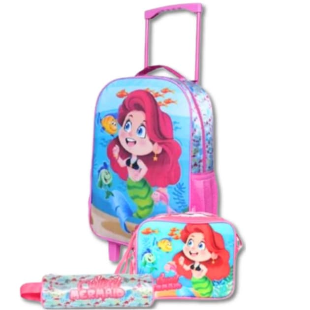 Kit Mochila Rodinha Infantil Menina Lancheira e Estojo Sereia