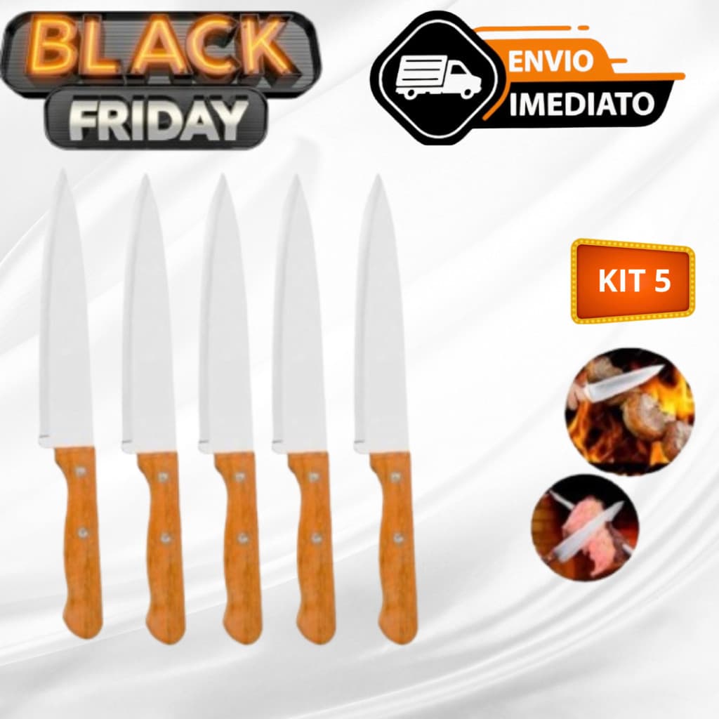Kit 05 Faca De Cozinha Inox Profissional 7 Do Chef Cabo Madeira 30,1CM