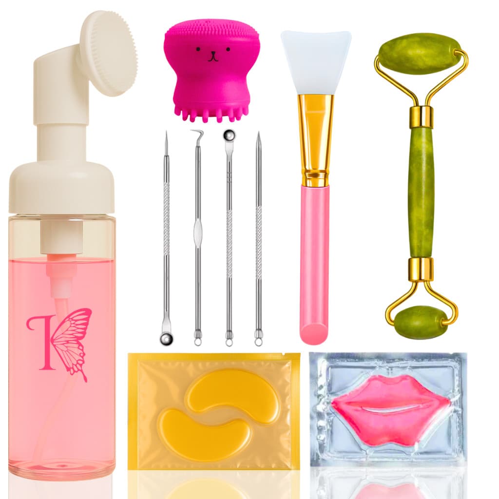 Kit Skincare Facial Completo com Escova Polvinho Rolo de Jade Pump de Limpeza Pads Extrator Espátula