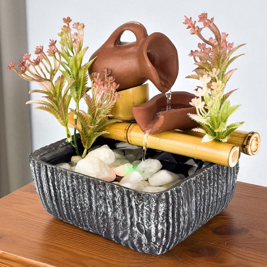Fonte de Água Cromoterapia Decorativa com Cascata de Bambu Quedas Relaxantes e Elegante