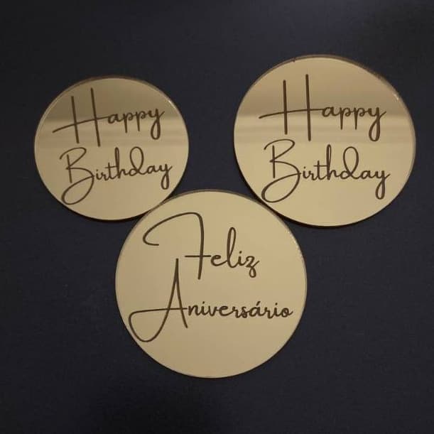 Aplique Tag Happy Birthday/Feliz Aniversário 4cm, 5cm e 6cm Acrílico Espelhado Kit com 10 Unidades