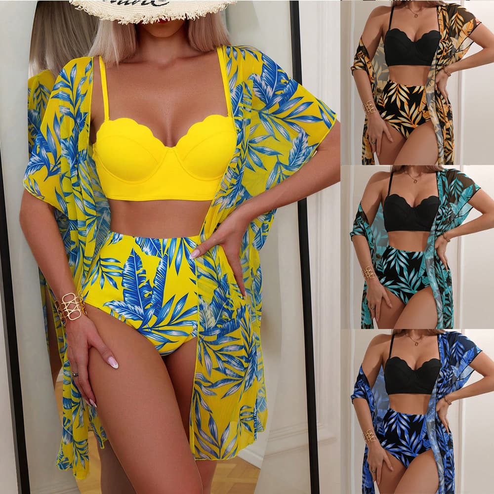 Conjunto Biquíni 3 Peças com Saída de Praia Estampa Tropical, Moda Praia Verão Feminino Várias Cores