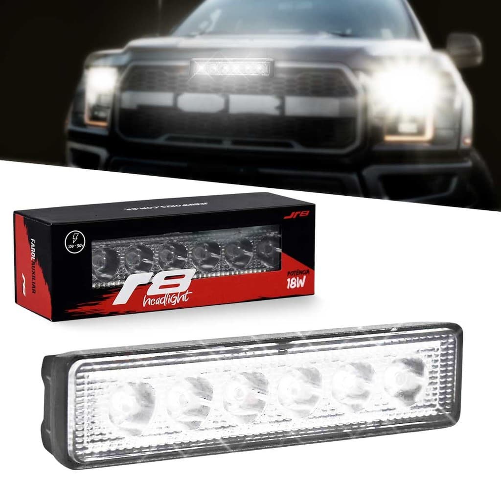 Farol Auxiliar Retangular com 6 LEDs 18W Universal 12V e 24V