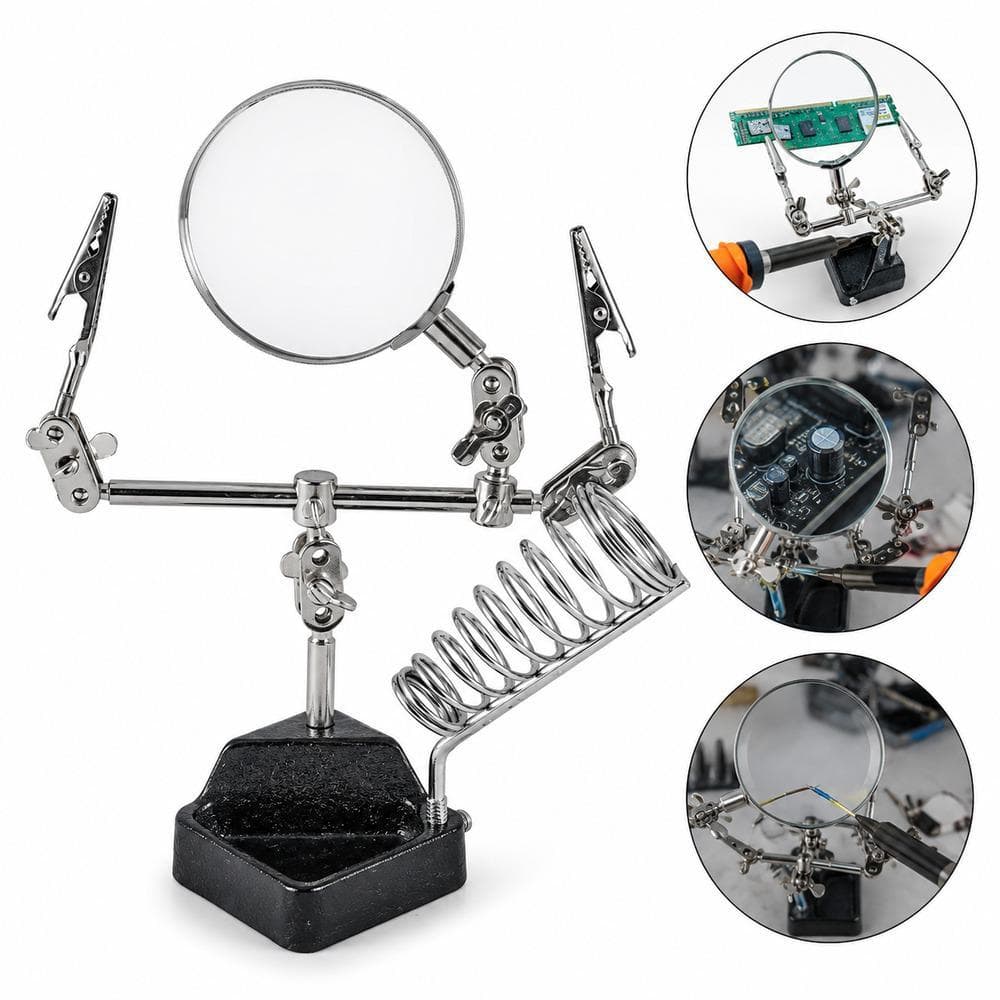 LUPA BANCADA ELETRONICA GARRAS SUPORTE FERRO DE SOLDA ARTICULAVEL TERCEIRA MAO 2,5X PINCAS JACARE HOBBY MARCENARIA SERRA