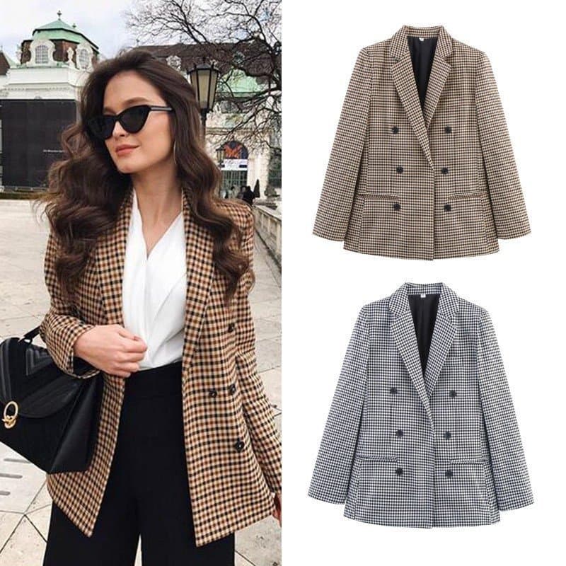 HW Fatos De Manga Comprida Feminina Vintage Notched Bouble Breasted Plaid Women Blazer 2PPM