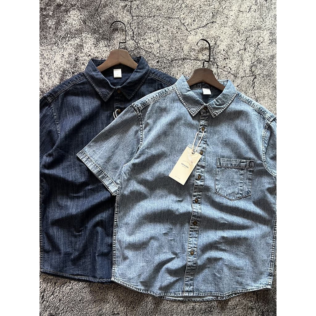 Americano Retro verão de manga curta solto puro algodão Denim camisa de manga curta bolso ferramentas masculino meia man
