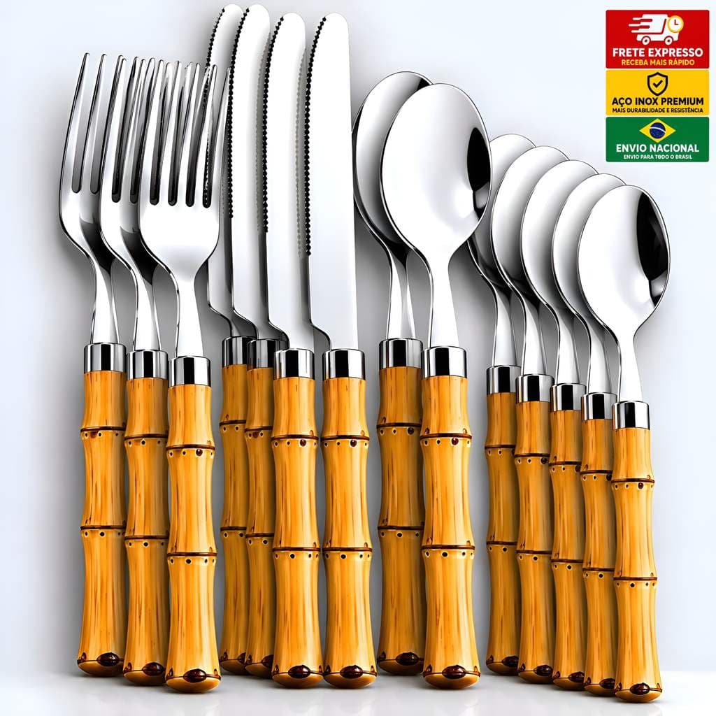 Jogo de Talheres Peças Faca Garfo Colher e Colheres de Sobremesa Inox Em Cabo Plástico Bambu