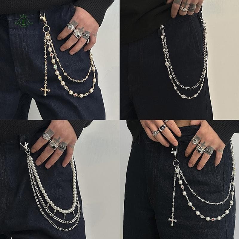 EA & Moda Requintado Luxo Cruz Pingente Imitação Pérola Calças Corrente Para Homens Punk Hip Hop Jeans Acessórios De Rou