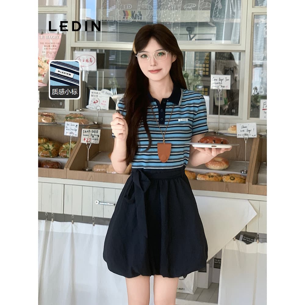 [Sea Salt Latte] Komachi Listrado Costura Vestido Curto Feminino Verão Gola polo Manga Curta Saia Flor Bud