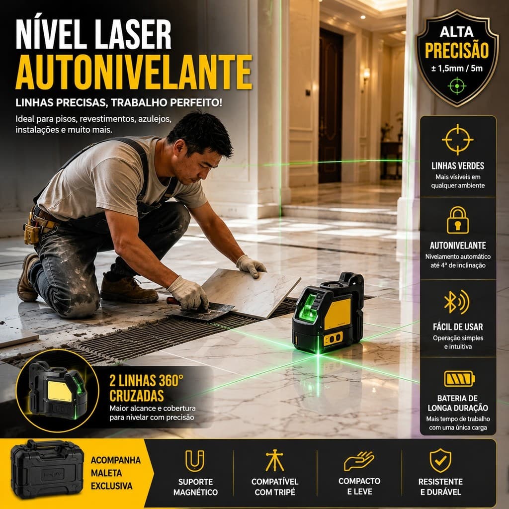 Nível Laser Linha Cruzada Verde Alcance 50m Precisão Profissional para Obras, Reformas e Construção