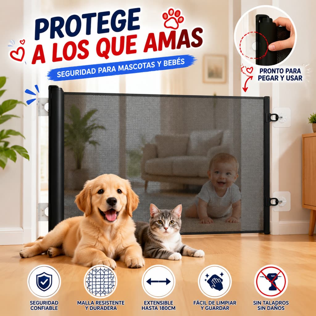 Barreira Retrátil Automática para Animais Grade de Segurança com Bloqueio Antifuga para Portas e Escadas