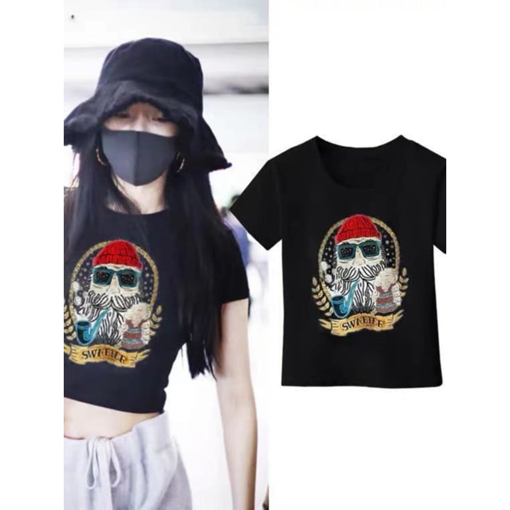 Camiseta preta de manga curta com ombros de fora, Design de verão feminino, nicho pequeno, algodão puro, exposto no umbi