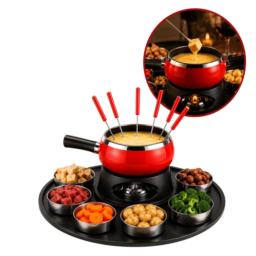 Aparelho de Fondue 23 Peças Aço Inox com Garfinhos e Rechaud Queimador Para Queijo e Chocolate