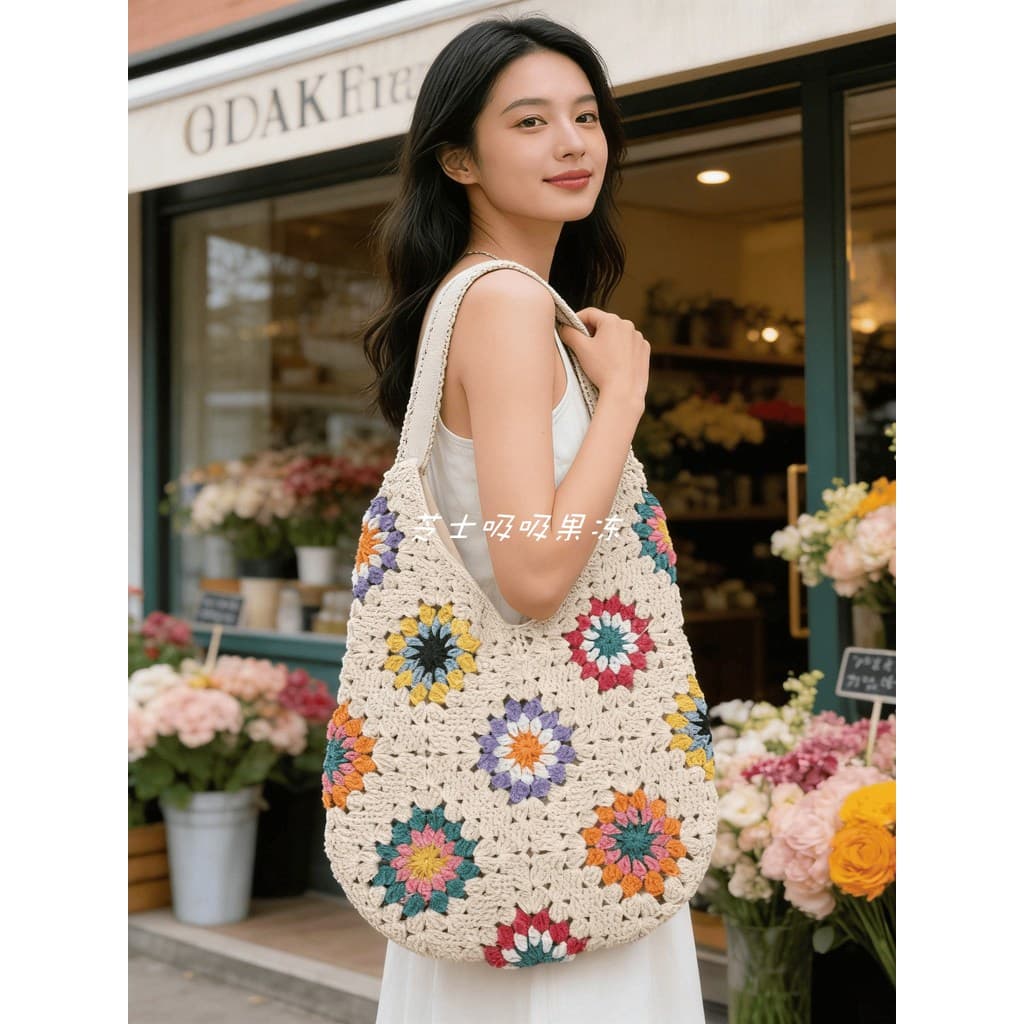 Sacola de girassol bolsa tecida à mão feminina de grande capacidade bolsa de malha combinada praia Vac