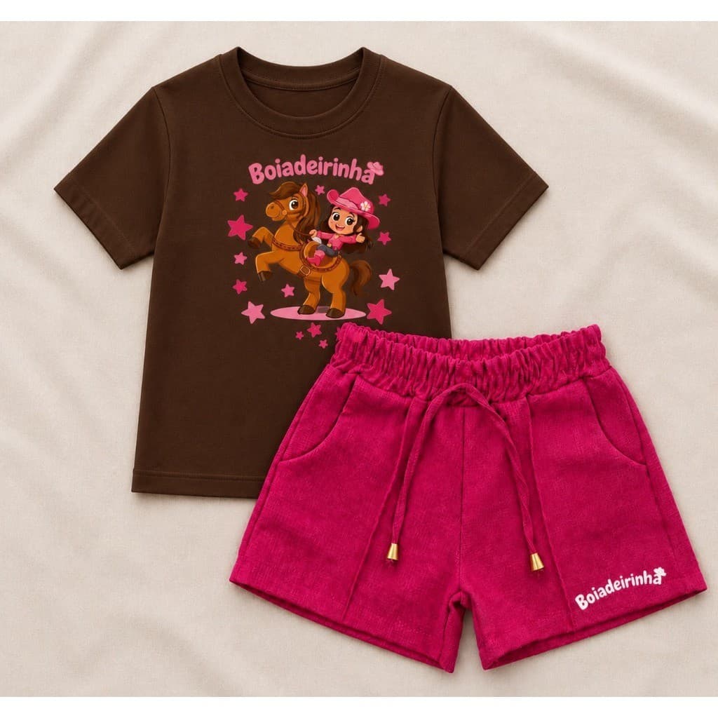 Kit Camiseta + Short de Linho Boiadeira Ana Castela Look Blogueirinha Roupa Infantil Tendencia Envio Imediato