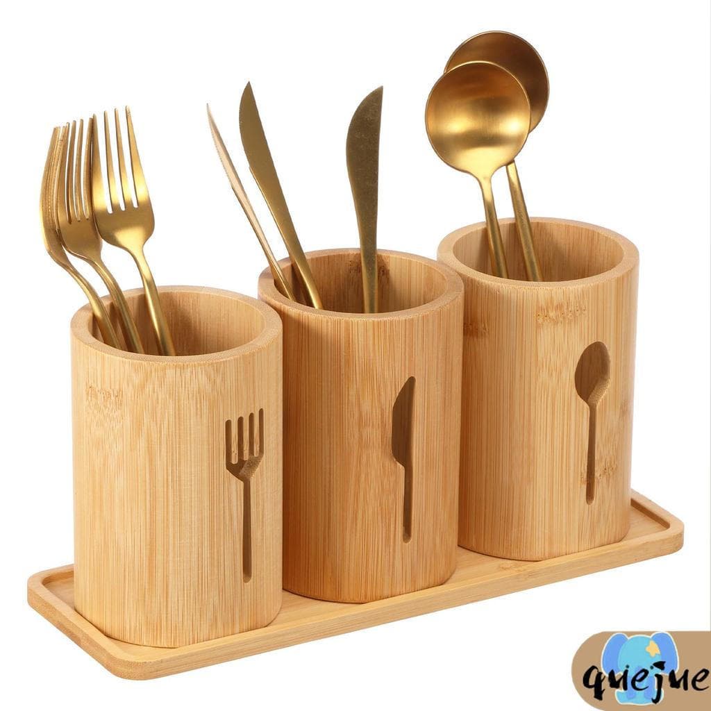 Suporte de armazenamento de utensílios de mesa em bambu de qualidade alimentar com bandeja, organizador de armazenamento