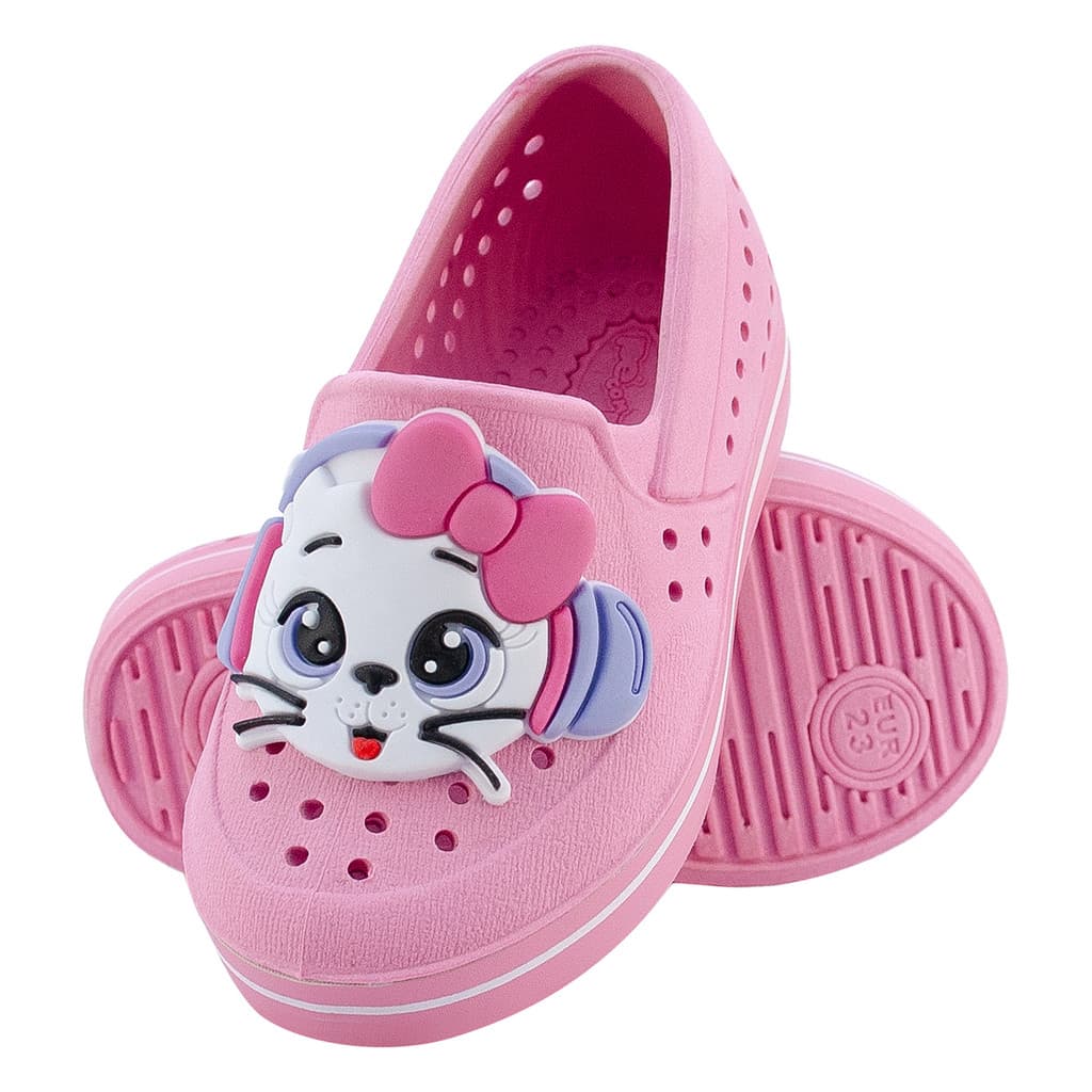 Tênis Infantil Menina Slipon Rosa Gatinha Calce Fácil Antiderrapante Flexível Respirável