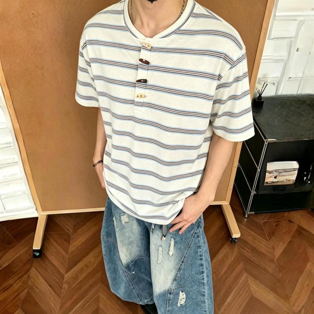 Americano retro listrado chifre botão Henry colarinho de manga curta camiseta das mulheres dos homens verão retro casal