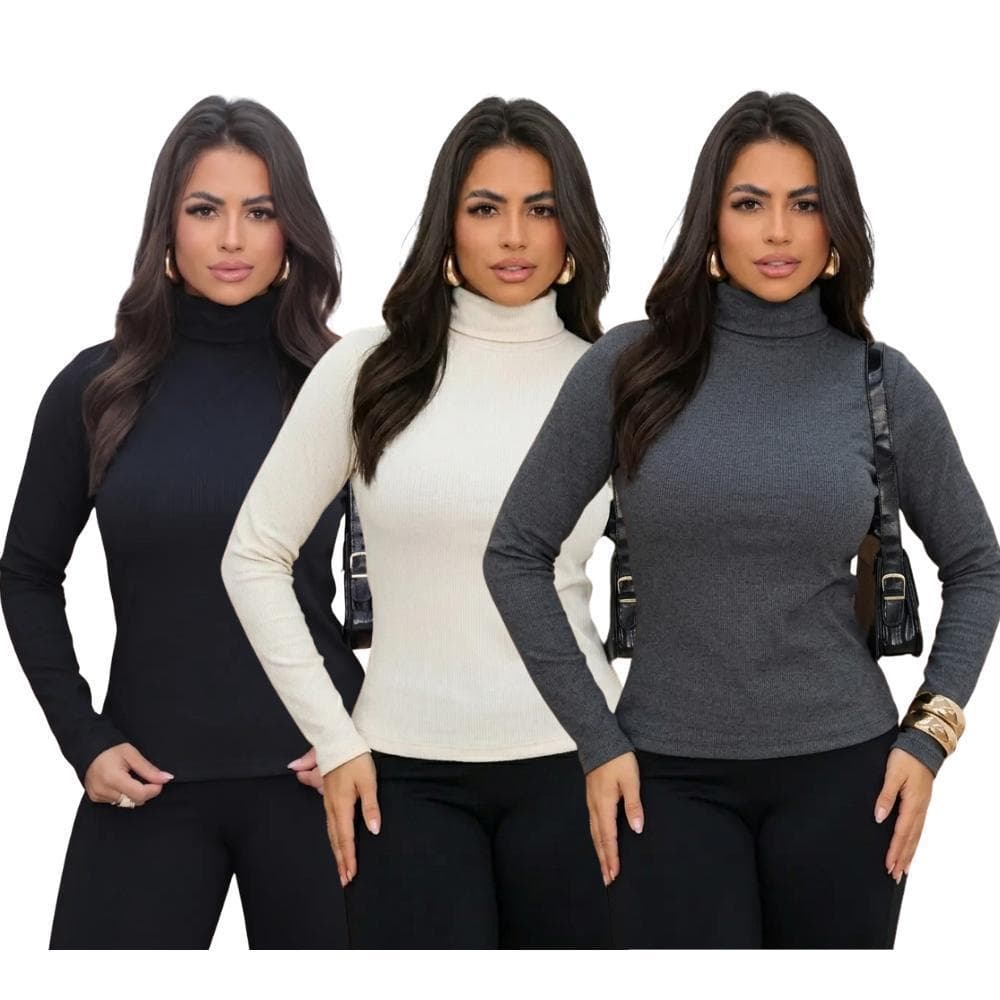 3 Blusas CACHARREL Feminina segunda pele Gola Alta Manga Comprida CANELADO Moda Básica Outono Inverno