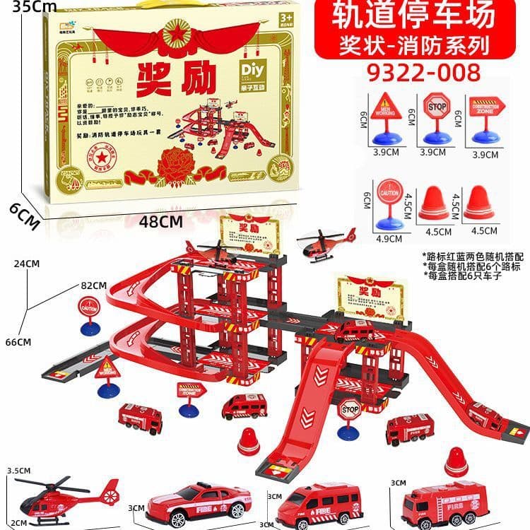 Frete grátis: Conjunto de brinquedos para meninos com caminhão de bombeiros montado, pista de escorregas, cenário de int