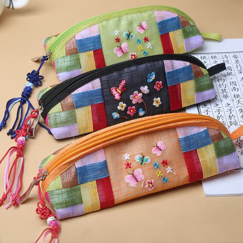 Estojo de lápis bordado de fio de bambu colorido Patchwork zíper bordado bolsa de armazenamento bolsa cosmética Multi @-