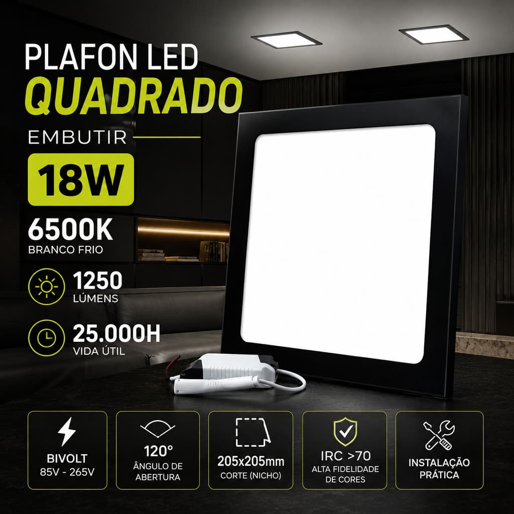 PLAFON LED QUADRADO EMBUTIR 18W 6500K BRANCO FRIO MOLDURA PRETA BIVOLT PAINEL LED