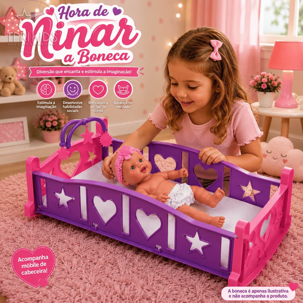 Berço Infantil de Boneca Bercinho Baby Balanço com Enfeite Brinquedo Menina Faz de Conta Criança