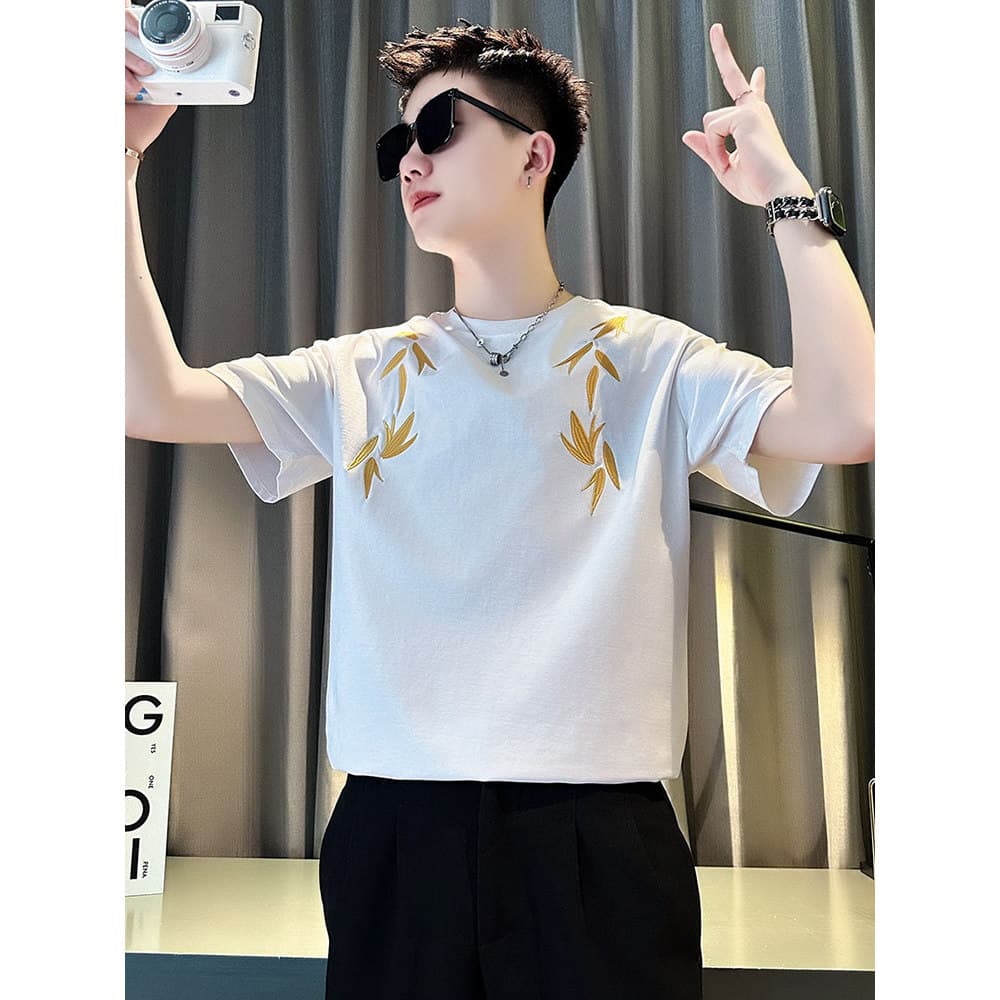 Design bordado camiseta masculina verão novo chinês de manga curta camiseta 2024 novo estilo masculino rufião bonito mei