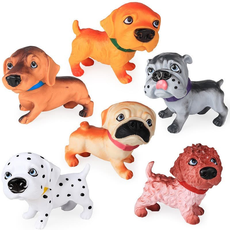 Modelo de cachorro de plástico macio, simulando Golden Retriever, Dachshund, Pomeranian, Dalmata, Bulldog, com cabeça ro