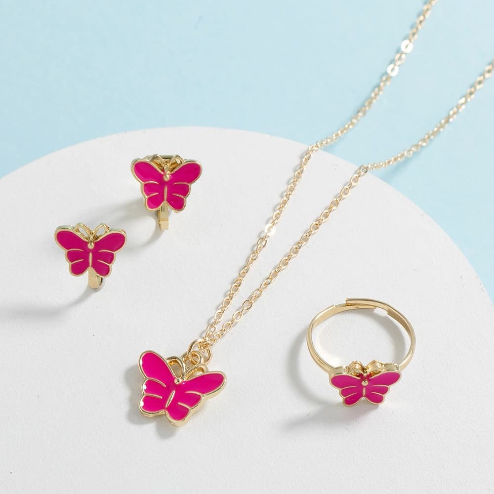 Conjunto de Joias Borboleta: Colar com Pingente, Brincos de Pressão, Anel Infantil, Conjunto de Joias Simples de 3 Peças