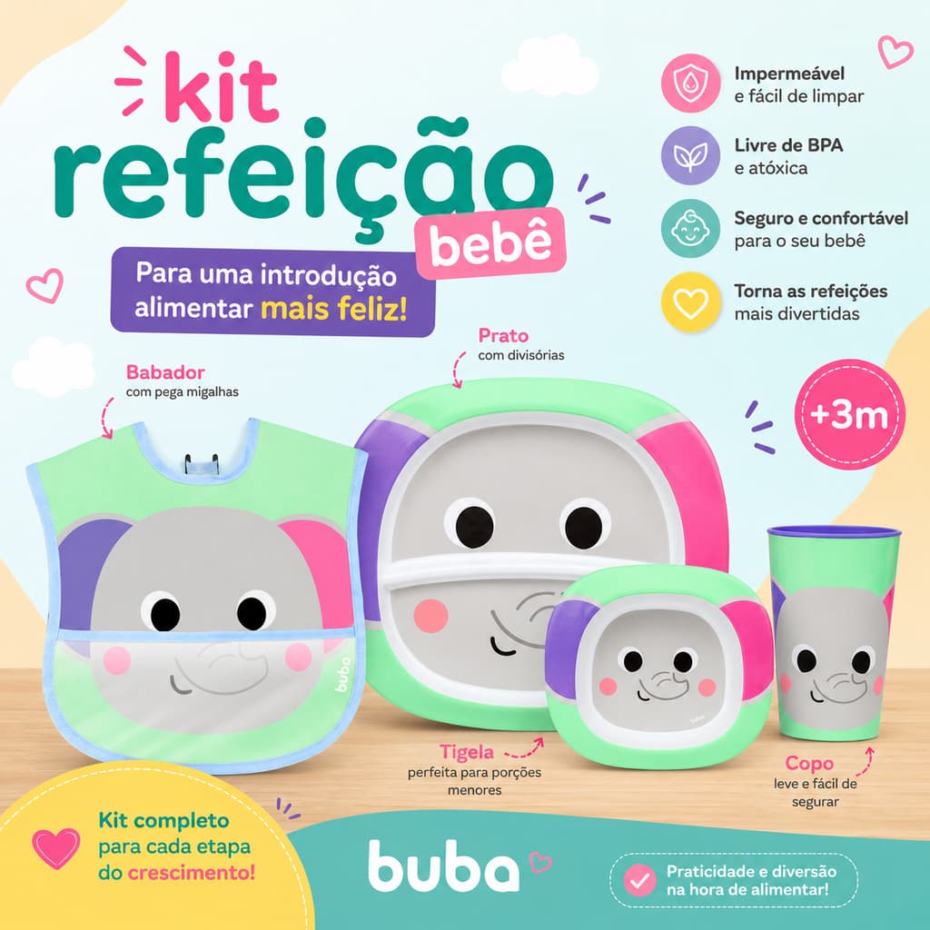 Kit Prato Bebê e Copo Infantil para Introdução Alimentar Buba